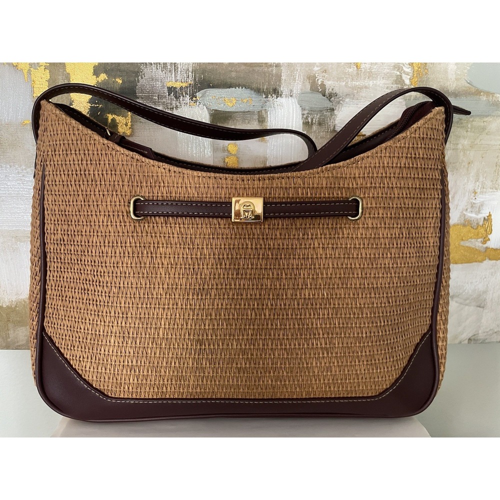 Etienne Aigner Hobo Shoulder Bag Paper Straw/Cotton/Faux Leather. Tan & Brown.